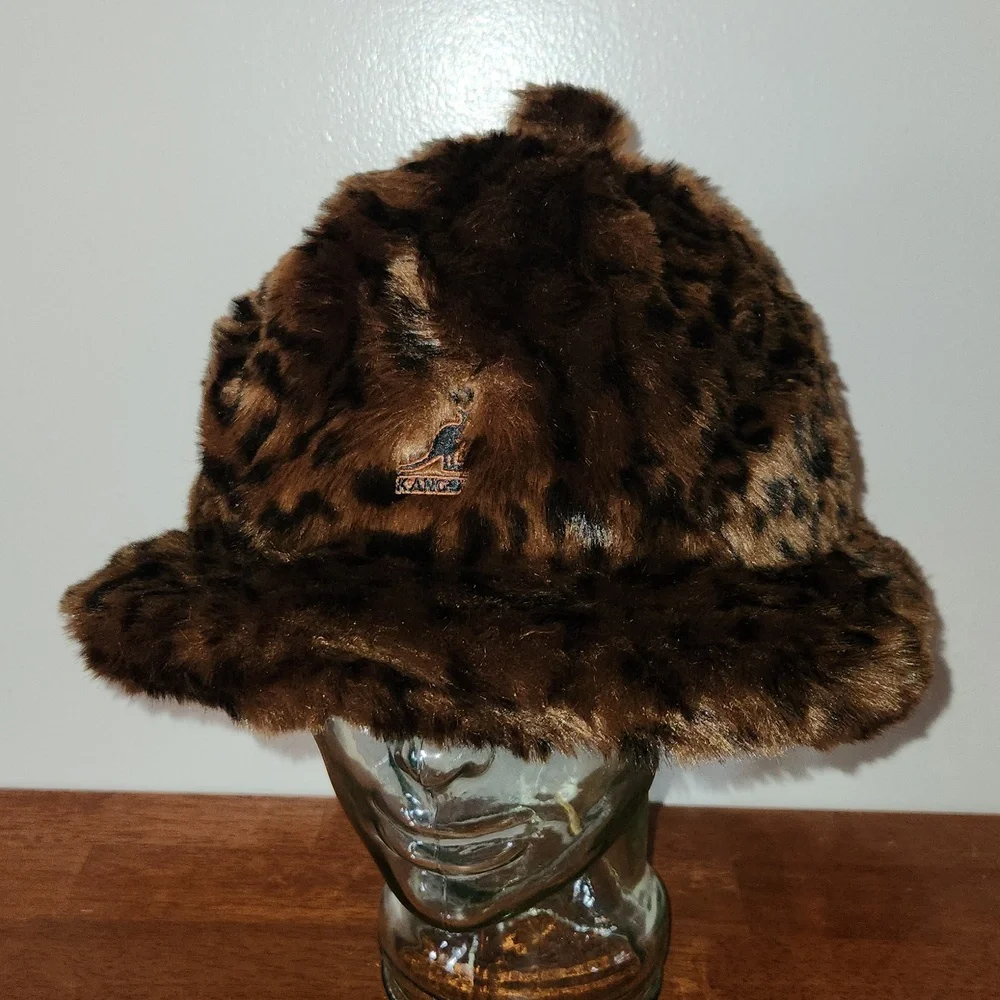 Kangol Brown Leopard Faux Fur Print Casual Bucket Hat